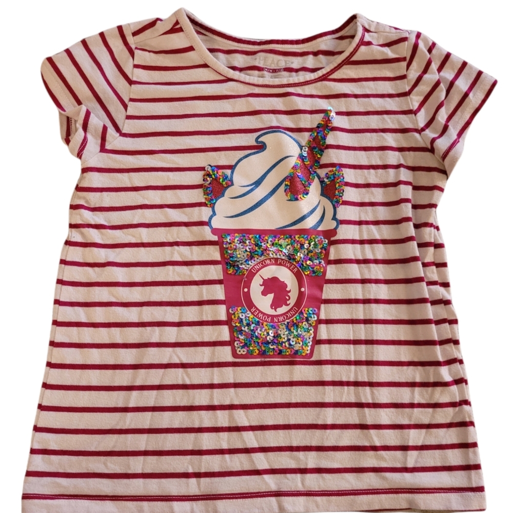 Adorable girls tshirt children's place medium 7/8 unicorn drink coffee stripes